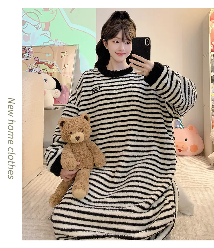 Women's Pajamas Winter New Half-Sherpa Fleece Nightdress Korean Style Loose Plus Size Up to 125kg Wearable Loungewear M-2XL · Wholesale · OEM · Worldwide Shipping - Detail 8