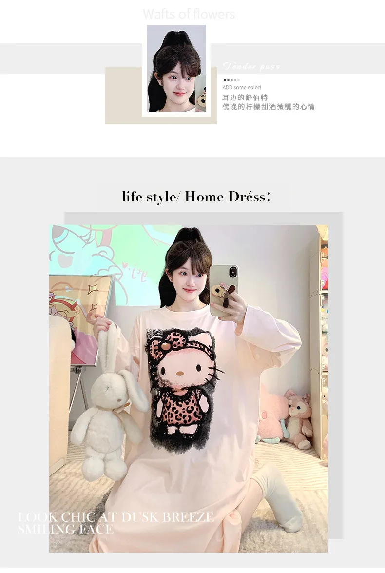 순면 잠옷 여성 봄가을 캐주얼 루즈핏 긴팔 미디엄 롱 슬립 대码 125kg 홈웨어 · 도매 · OEM · 전 세계 배송 - Detail 2