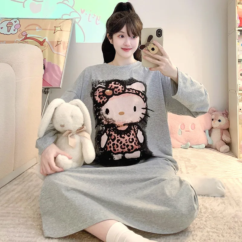 순면 잠옷 여성 봄가을 캐주얼 루즈핏 긴팔 미디엄 롱 슬립 대码 125kg 홈웨어 · 도매 · OEM · 전 세계 배송 - View 3
