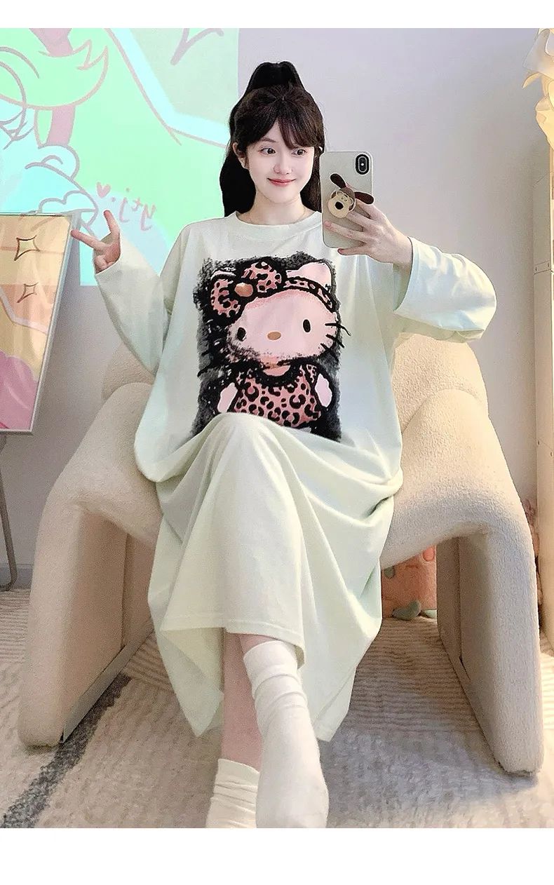 순면 잠옷 여성 봄가을 캐주얼 루즈핏 긴팔 미디엄 롱 슬립 대码 125kg 홈웨어 · 도매 · OEM · 전 세계 배송 - Detail 14