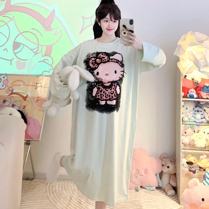 순면 잠옷 여성 봄가을 캐주얼 루즈핏 긴팔 미디엄 롱 슬립 대码 125kg 홈웨어 · 도매 · OEM · 전 세계 배송 - View 1