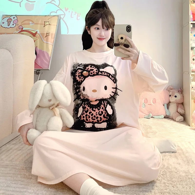 순면 잠옷 여성 봄가을 캐주얼 루즈핏 긴팔 미디엄 롱 슬립 대码 125kg 홈웨어 · 도매 · OEM · 전 세계 배송 - View 2