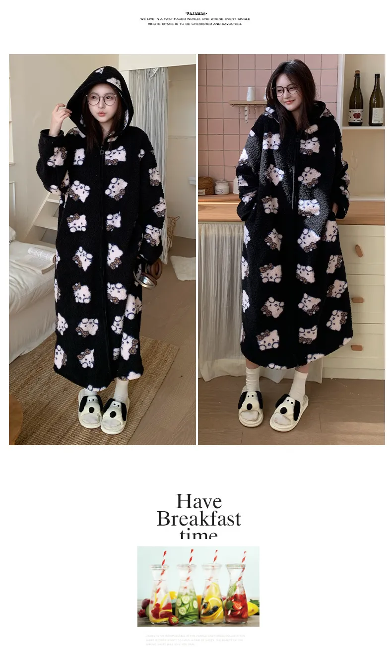 Robe de nuit à capuche longue à fermeture éclair en velours double face pour femme, pyjama d'intérieur ample grande taille 250 jin · Grossiste · OEM · Mondial - Detail 18