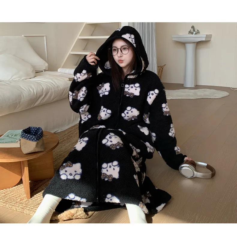 Robe de nuit à capuche longue à fermeture éclair en velours double face pour femme, pyjama d'intérieur ample grande taille 250 jin · Grossiste · OEM · Mondial - Detail 17