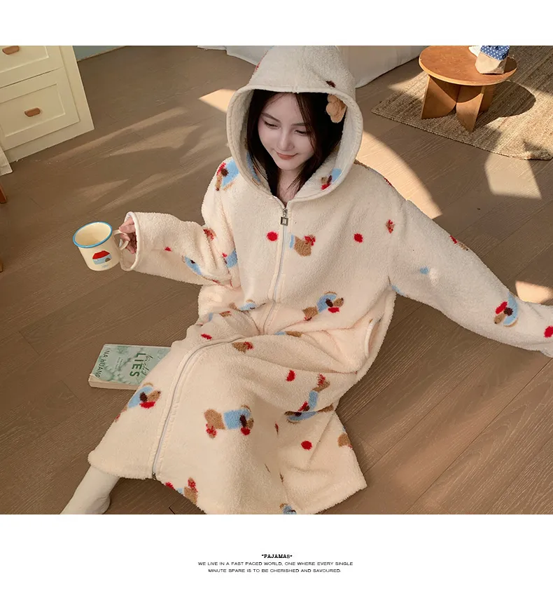 Robe de nuit à capuche longue à fermeture éclair en velours double face pour femme, pyjama d'intérieur ample grande taille 250 jin · Grossiste · OEM · Mondial - Detail 21