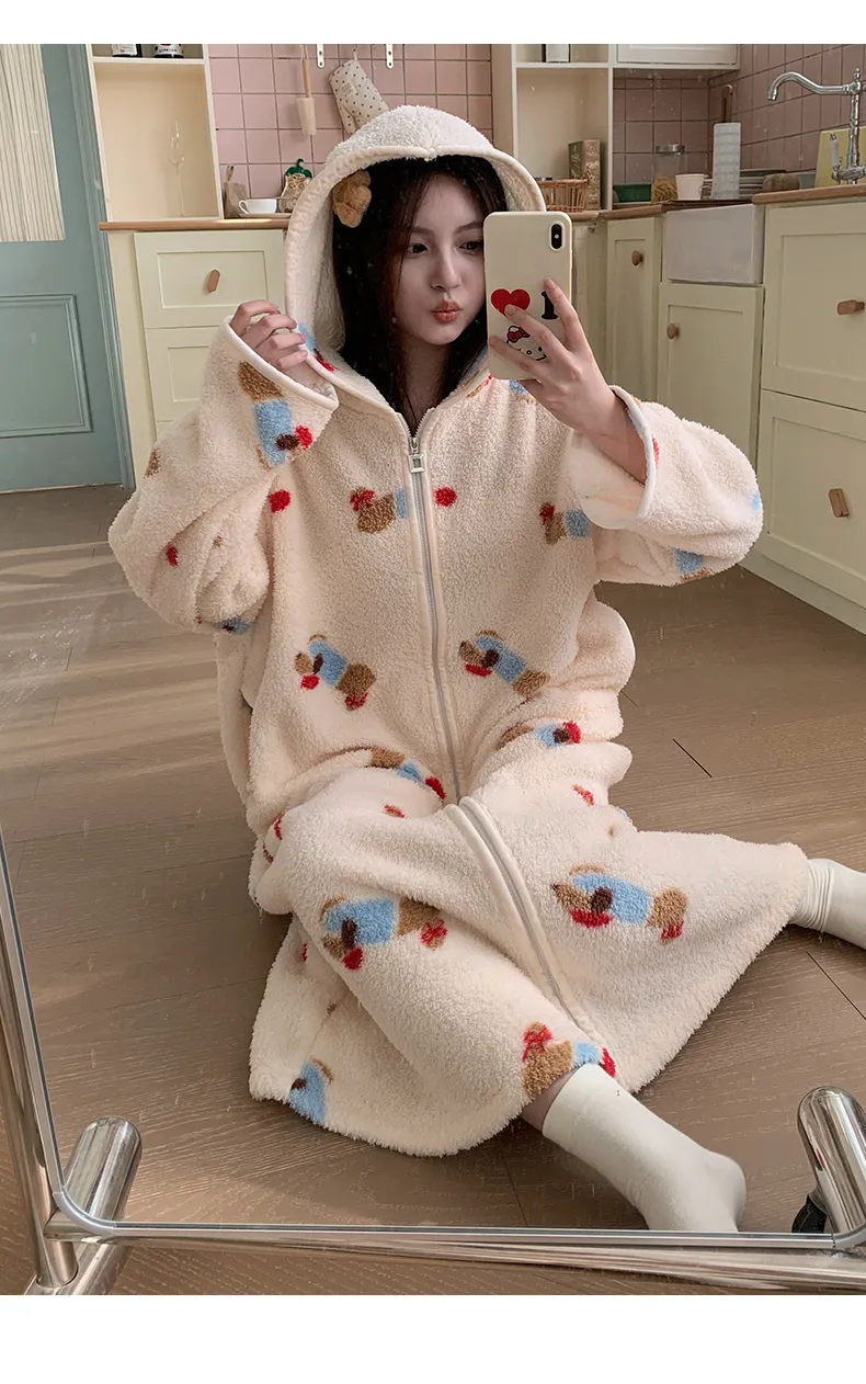 Robe de nuit à capuche longue à fermeture éclair en velours double face pour femme, pyjama d'intérieur ample grande taille 250 jin · Grossiste · OEM · Mondial - Detail 20