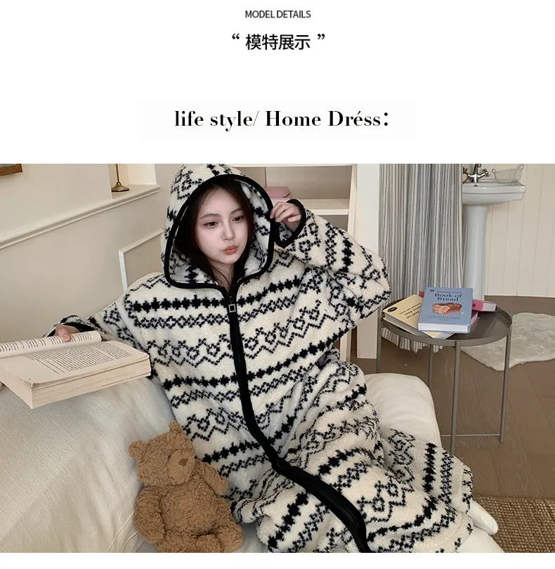 Robe de nuit à capuche longue à fermeture éclair en velours double face pour femme, pyjama d'intérieur ample grande taille 250 jin · Grossiste · OEM · Mondial - Detail 11