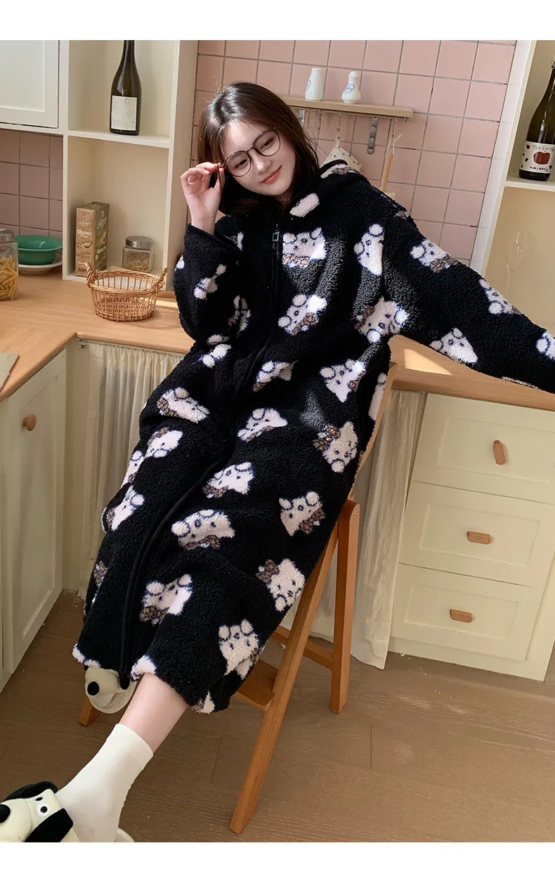 Robe de nuit à capuche longue à fermeture éclair en velours double face pour femme, pyjama d'intérieur ample grande taille 250 jin · Grossiste · OEM · Mondial - Detail 16