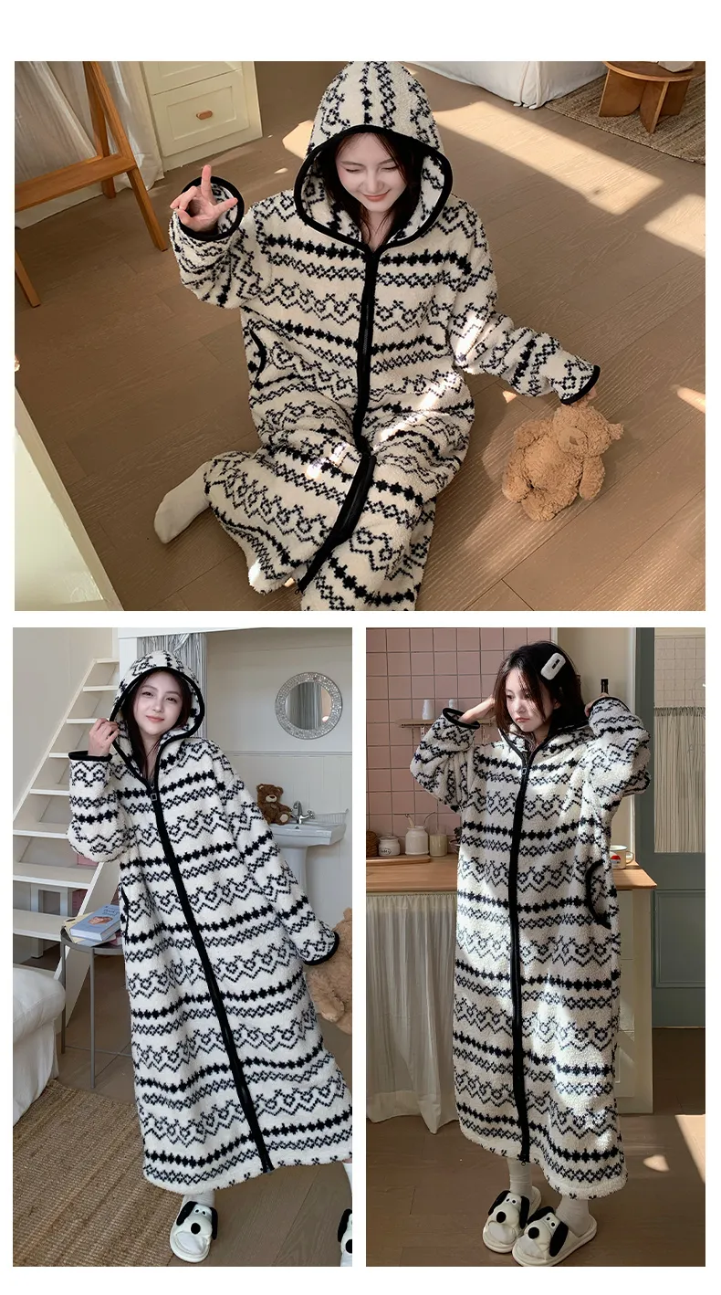 Robe de nuit à capuche longue à fermeture éclair en velours double face pour femme, pyjama d'intérieur ample grande taille 250 jin · Grossiste · OEM · Mondial - Detail 13