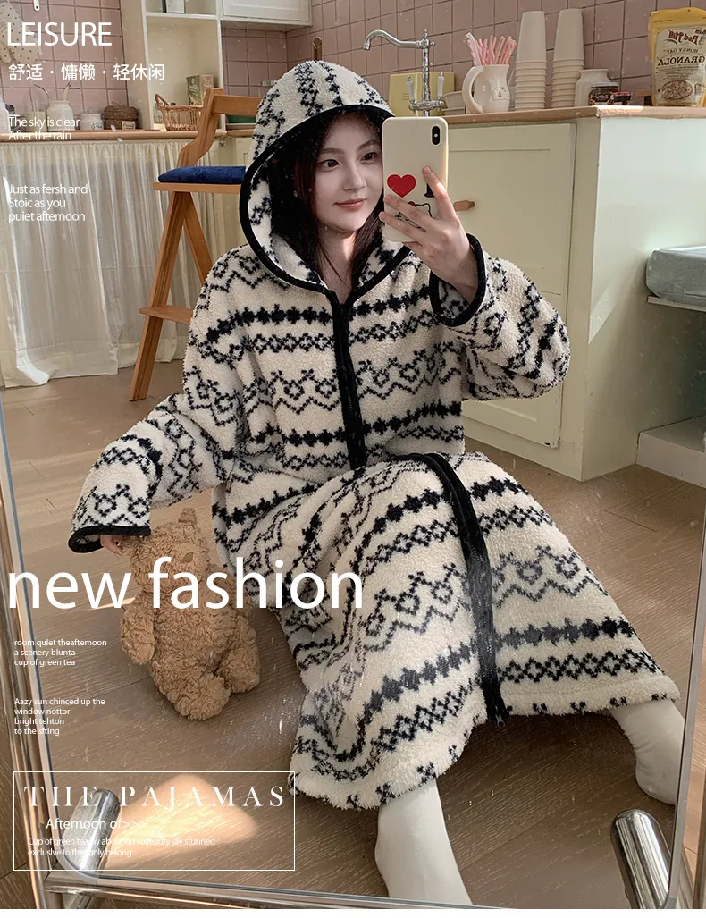 Robe de nuit à capuche longue à fermeture éclair en velours double face pour femme, pyjama d'intérieur ample grande taille 250 jin · Grossiste · OEM · Mondial - Detail 8
