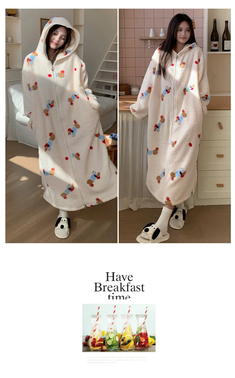 Robe de nuit à capuche longue à fermeture éclair en velours double face pour femme, pyjama d'intérieur ample grande taille 250 jin · Grossiste · OEM · Mondial - Detail 22