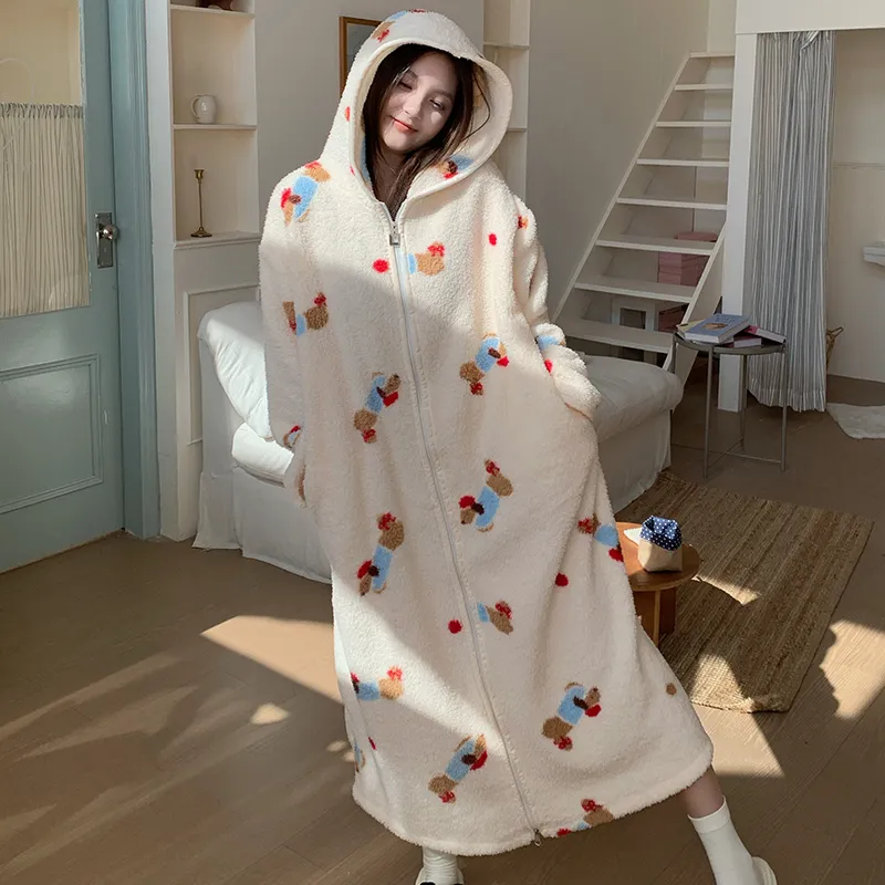 Robe de nuit à capuche longue à fermeture éclair en velours double face pour femme, pyjama d'intérieur ample grande taille 250 jin · Grossiste · OEM · Mondial - Detail 5