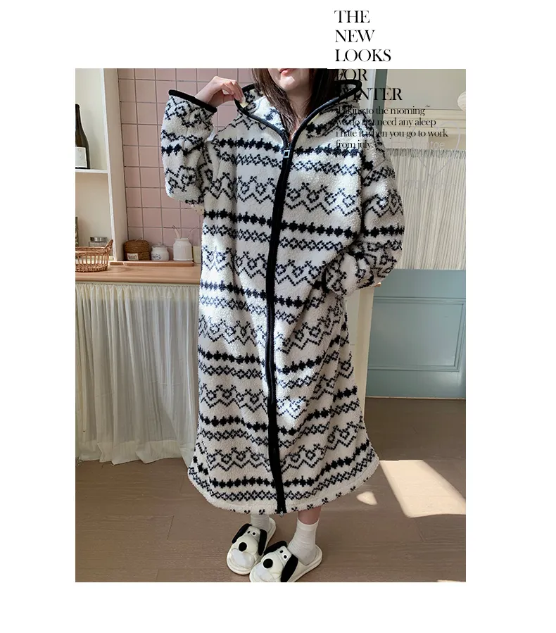 Robe de nuit à capuche longue à fermeture éclair en velours double face pour femme, pyjama d'intérieur ample grande taille 250 jin · Grossiste · OEM · Mondial - Detail 12