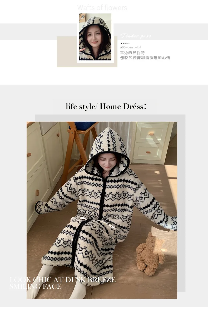 Robe de nuit à capuche longue à fermeture éclair en velours double face pour femme, pyjama d'intérieur ample grande taille 250 jin · Grossiste · OEM · Mondial - Detail 9