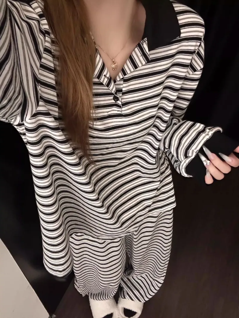 8069 Color-Block Striped 2026 Spring/Autumn New Women's Pajama Set, Korean Style Trendy Striped Loungewear · Wholesale · OEM · Worldwide Shipping - View 3