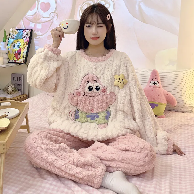 New Autumn Winter Pajamas Girls Wheat Ear Jacquard Fleece 280g Round Neck Cute Cartoon Loungewear Warm Set · Wholesale · OEM · Worldwide Shipping - Detail 13