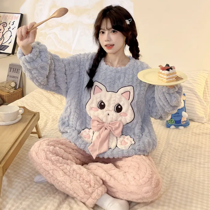 New Autumn Winter Pajamas Girls Wheat Ear Jacquard Fleece 280g Round Neck Cute Cartoon Loungewear Warm Set · Wholesale · OEM · Worldwide Shipping - Detail 8