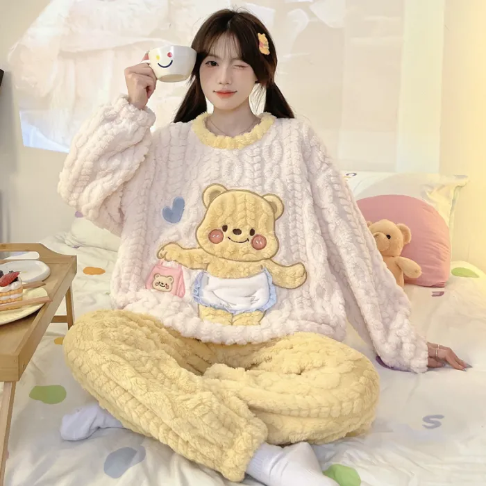 New Autumn Winter Pajamas Girls Wheat Ear Jacquard Fleece 280g Round Neck Cute Cartoon Loungewear Warm Set · Wholesale · OEM · Worldwide Shipping - Detail 12