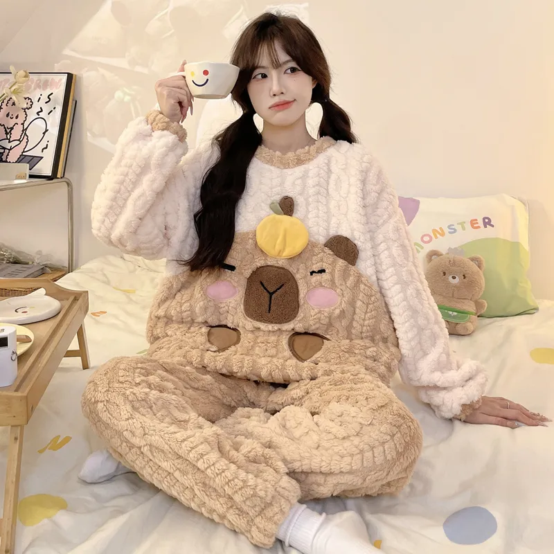 New Autumn Winter Pajamas Girls Wheat Ear Jacquard Fleece 280g Round Neck Cute Cartoon Loungewear Warm Set · Wholesale · OEM · Worldwide Shipping - Detail 21