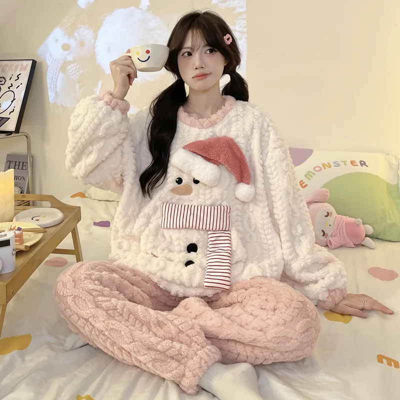 New Autumn Winter Pajamas Girls Wheat Ear Jacquard Fleece 280g Round Neck Cute Cartoon Loungewear Warm Set · Wholesale · OEM · Worldwide Shipping - View 2