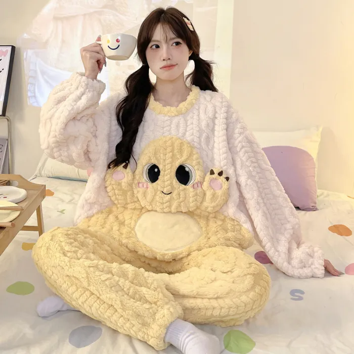 New Autumn Winter Pajamas Girls Wheat Ear Jacquard Fleece 280g Round Neck Cute Cartoon Loungewear Warm Set · Wholesale · OEM · Worldwide Shipping - Detail 7