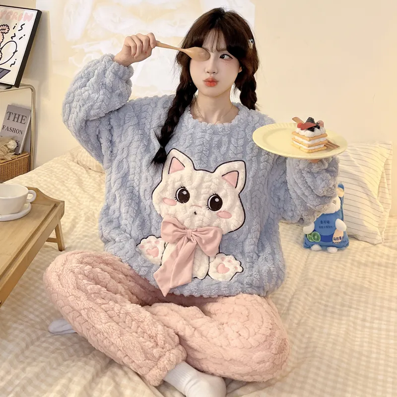 New Autumn Winter Pajamas Girls Wheat Ear Jacquard Fleece 280g Round Neck Cute Cartoon Loungewear Warm Set · Wholesale · OEM · Worldwide Shipping - Detail 20