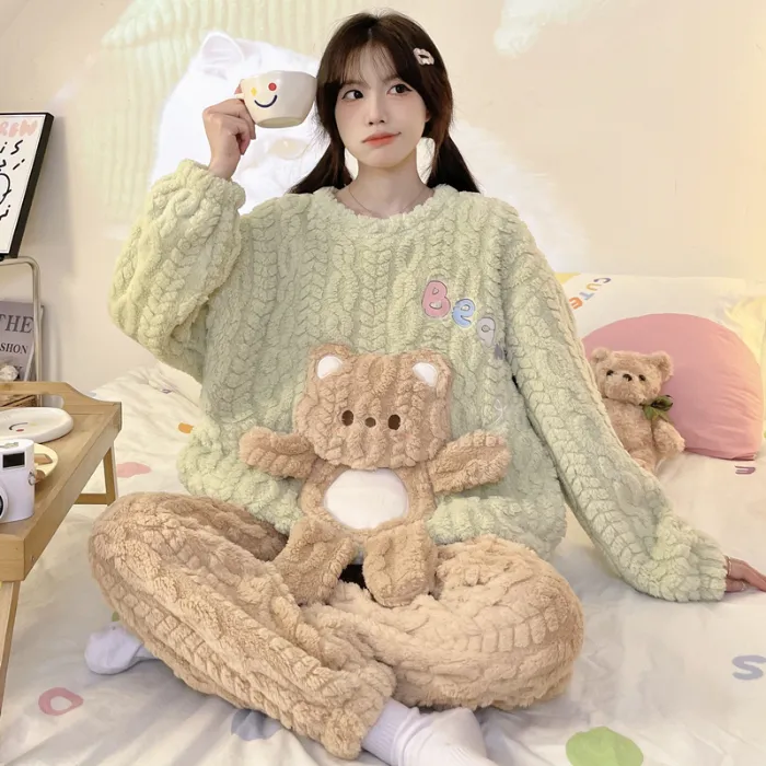 New Autumn Winter Pajamas Girls Wheat Ear Jacquard Fleece 280g Round Neck Cute Cartoon Loungewear Warm Set · Wholesale · OEM · Worldwide Shipping - Detail 5