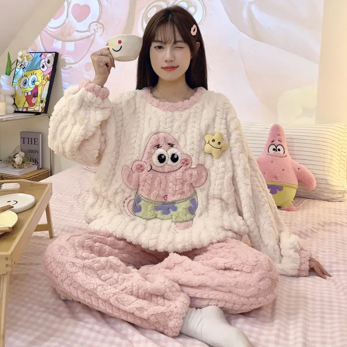 New Autumn Winter Pajamas Girls Wheat Ear Jacquard Fleece 280g Round Neck Cute Cartoon Loungewear Warm Set · Wholesale · OEM · Worldwide Shipping - Detail 1