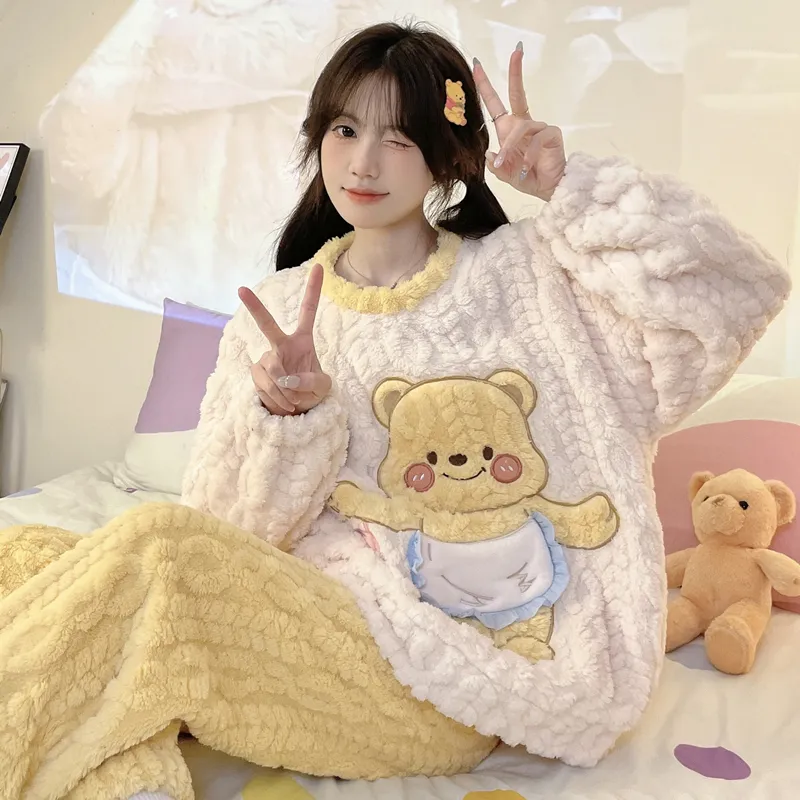 New Autumn Winter Pajamas Girls Wheat Ear Jacquard Fleece 280g Round Neck Cute Cartoon Loungewear Warm Set · Wholesale · OEM · Worldwide Shipping - Detail 24