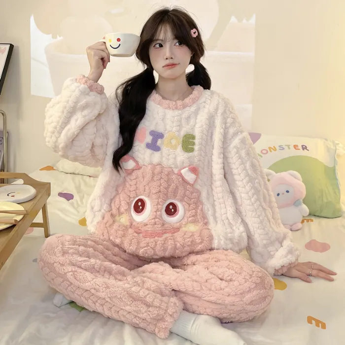 New Autumn Winter Pajamas Girls Wheat Ear Jacquard Fleece 280g Round Neck Cute Cartoon Loungewear Warm Set · Wholesale · OEM · Worldwide Shipping - Detail 6