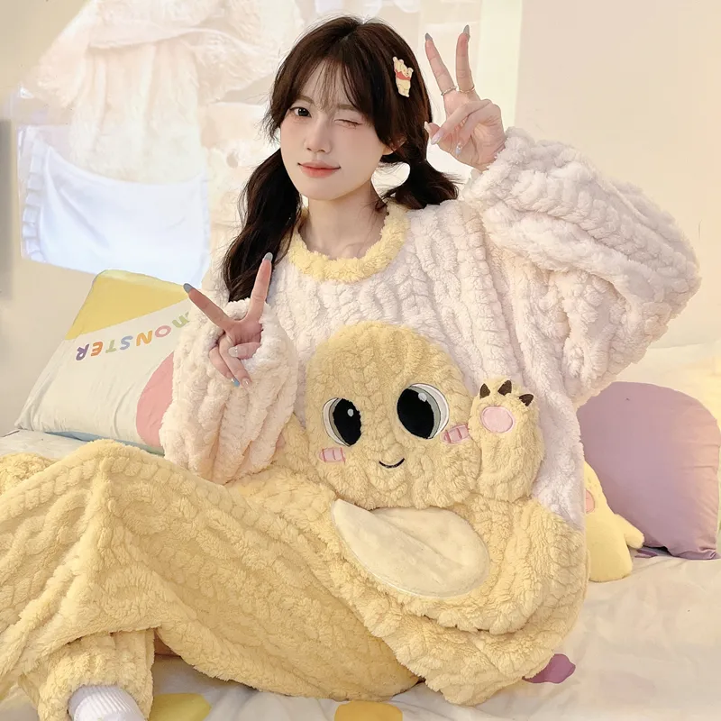 New Autumn Winter Pajamas Girls Wheat Ear Jacquard Fleece 280g Round Neck Cute Cartoon Loungewear Warm Set · Wholesale · OEM · Worldwide Shipping - Detail 19