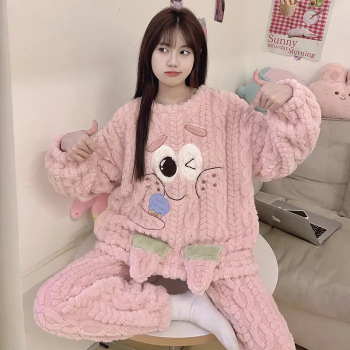 New Autumn Winter Pajamas Girls Wheat Ear Jacquard Fleece 280g Round Neck Cute Cartoon Loungewear Warm Set · Wholesale · OEM · Worldwide Shipping - Detail 3