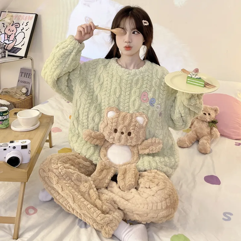 New Autumn Winter Pajamas Girls Wheat Ear Jacquard Fleece 280g Round Neck Cute Cartoon Loungewear Warm Set · Wholesale · OEM · Worldwide Shipping - Detail 17