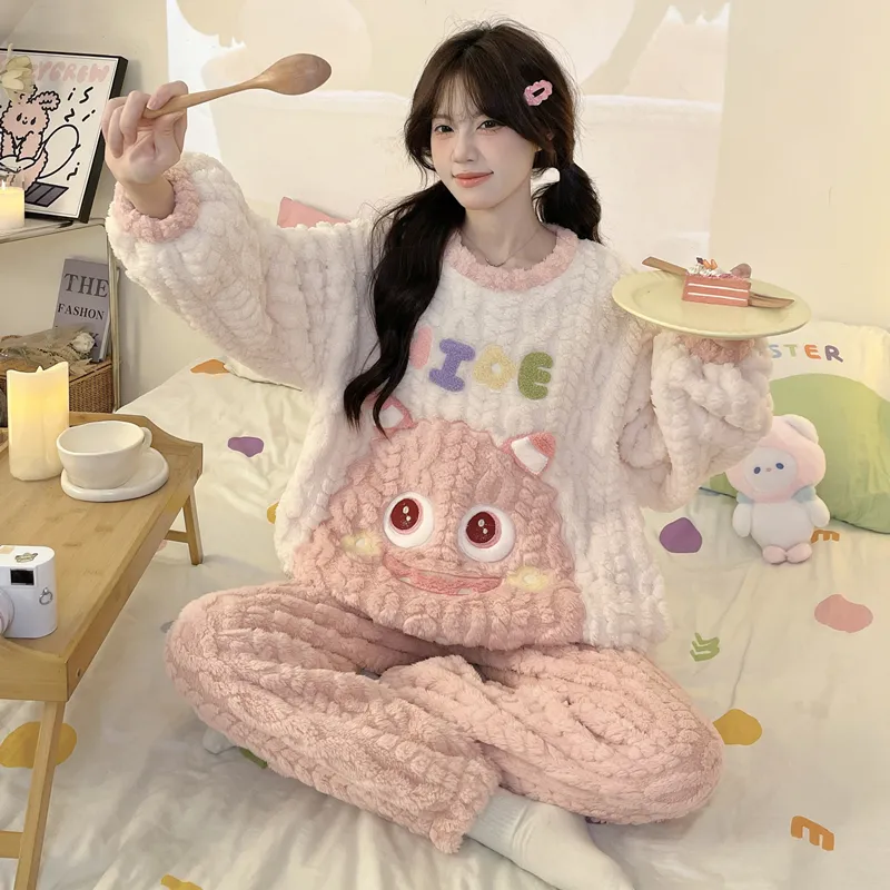 New Autumn Winter Pajamas Girls Wheat Ear Jacquard Fleece 280g Round Neck Cute Cartoon Loungewear Warm Set · Wholesale · OEM · Worldwide Shipping - Detail 18