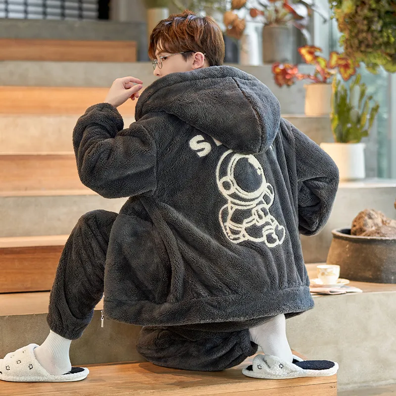 2024 Men's Autumn/Winter Thick Long Plush Zip-Up Hooded Thermal Loungewear Set · Wholesale · OEM · Worldwide Shipping - View 3