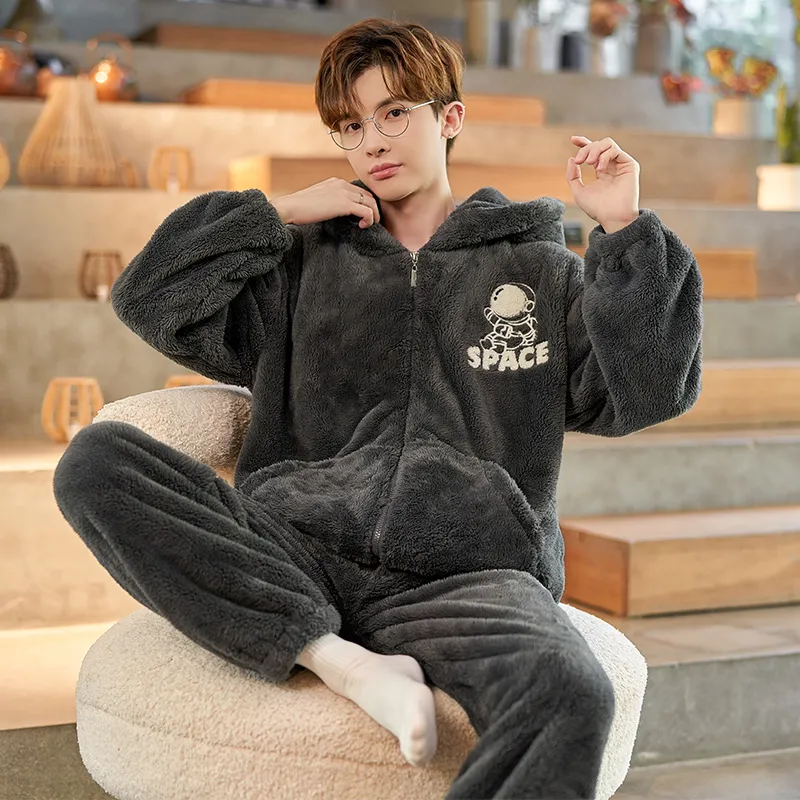 2024 Men's Autumn/Winter Thick Long Plush Zip-Up Hooded Thermal Loungewear Set · Wholesale · OEM · Worldwide Shipping - View 1