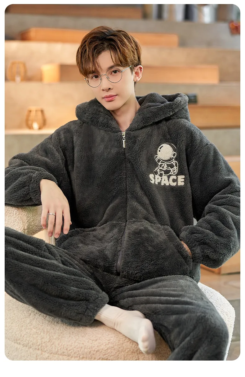 2024 Men's Autumn/Winter Thick Long Plush Zip-Up Hooded Thermal Loungewear Set · Wholesale · OEM · Worldwide Shipping - Detail 5