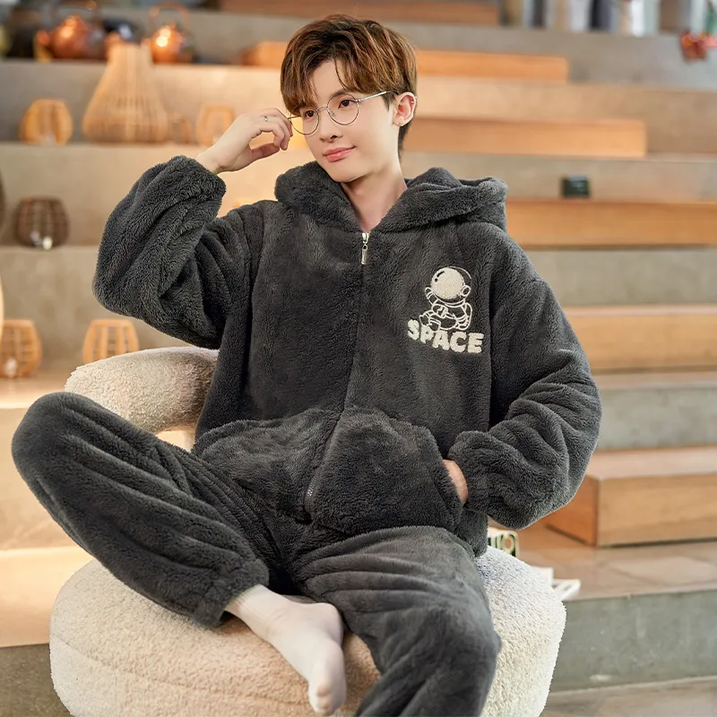 2024 Men's Autumn/Winter Thick Long Plush Zip-Up Hooded Thermal Loungewear Set · Wholesale · OEM · Worldwide Shipping