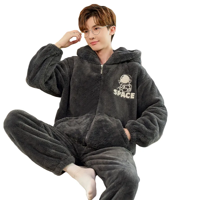2024 Men's Autumn/Winter Thick Long Plush Zip-Up Hooded Thermal Loungewear Set · Wholesale · OEM · Worldwide Shipping - View 4