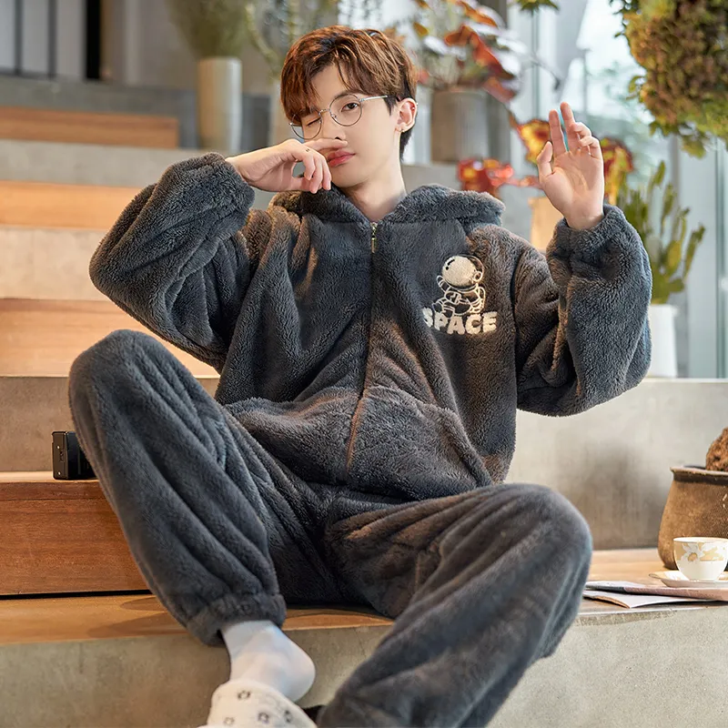 2024 Men's Autumn/Winter Thick Long Plush Zip-Up Hooded Thermal Loungewear Set · Wholesale · OEM · Worldwide Shipping - View 2