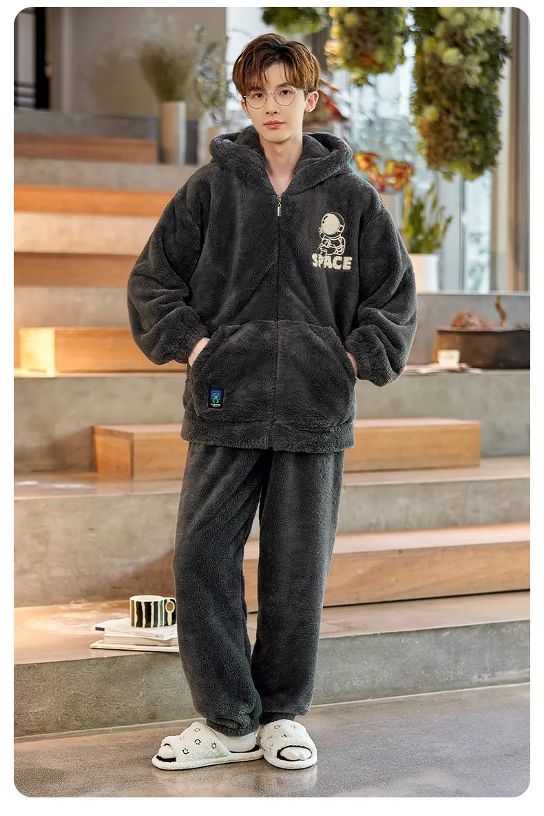 2024 Men's Autumn/Winter Thick Long Plush Zip-Up Hooded Thermal Loungewear Set · Wholesale · OEM · Worldwide Shipping - Detail 15