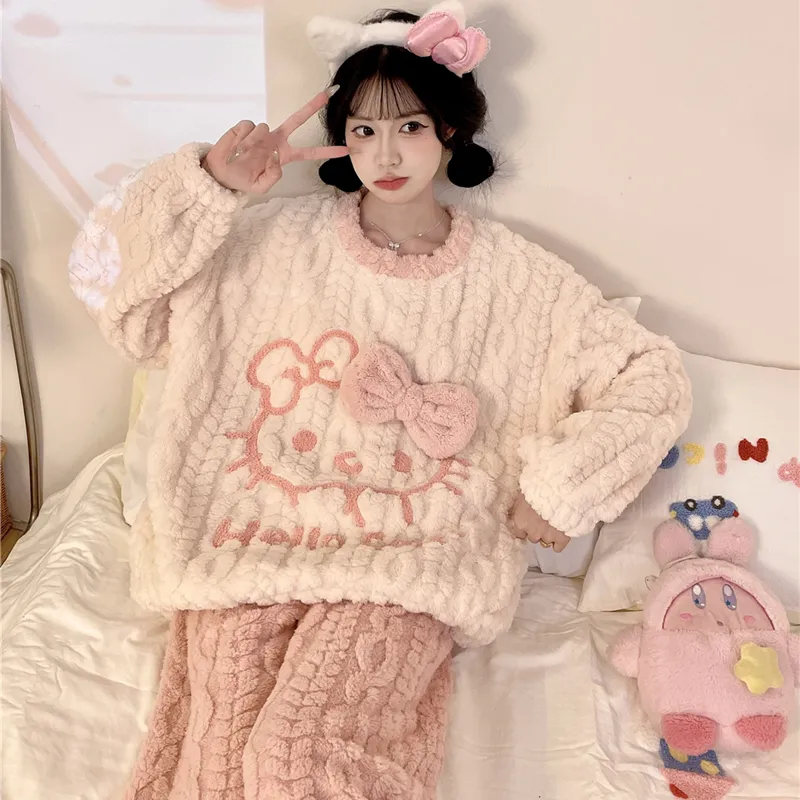 Nouveauté automne-hiver pyjama jeune fille maille épis de blé velours 280 g col rond adorables dessins animés ensemble de pyjama chaud · Grossiste · OEM · Mondial - View 2