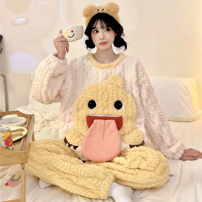 Nouveauté automne-hiver pyjama jeune fille maille épis de blé velours 280 g col rond adorables dessins animés ensemble de pyjama chaud · Grossiste · OEM · Mondial - Detail 8