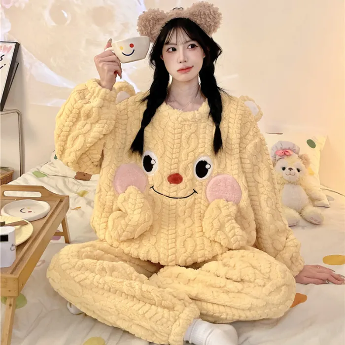 Nouveauté automne-hiver pyjama jeune fille maille épis de blé velours 280 g col rond adorables dessins animés ensemble de pyjama chaud · Grossiste · OEM · Mondial - Detail 1