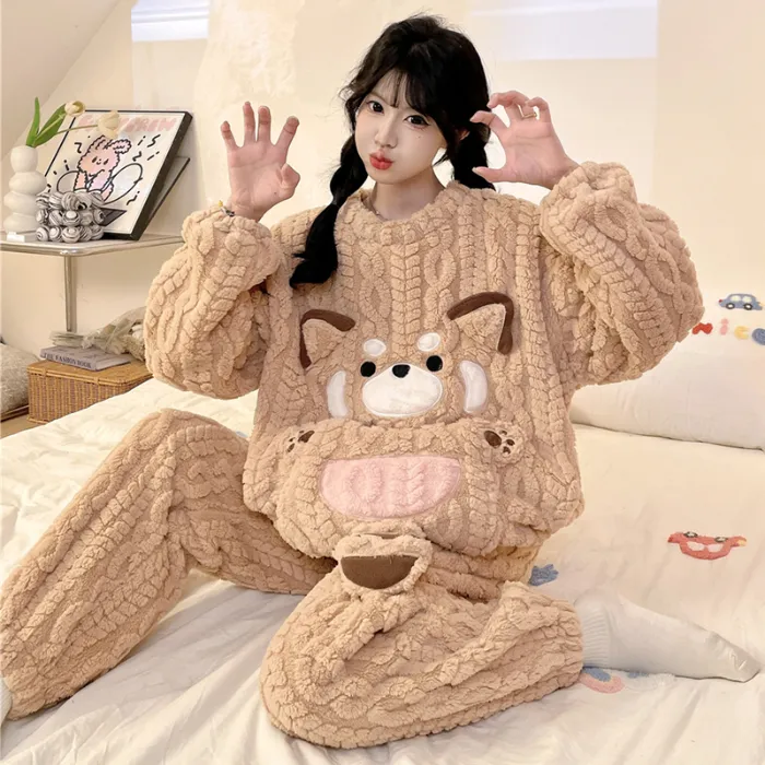 Nouveauté automne-hiver pyjama jeune fille maille épis de blé velours 280 g col rond adorables dessins animés ensemble de pyjama chaud · Grossiste · OEM · Mondial - Detail 5