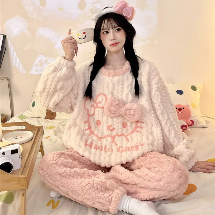 Nouveauté automne-hiver pyjama jeune fille maille épis de blé velours 280 g col rond adorables dessins animés ensemble de pyjama chaud · Grossiste · OEM · Mondial - Detail 3