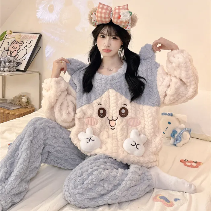 Nouveauté automne-hiver pyjama jeune fille maille épis de blé velours 280 g col rond adorables dessins animés ensemble de pyjama chaud · Grossiste · OEM · Mondial - Detail 7