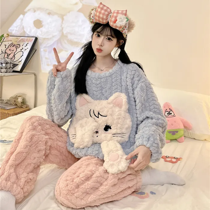 Nouveauté automne-hiver pyjama jeune fille maille épis de blé velours 280 g col rond adorables dessins animés ensemble de pyjama chaud · Grossiste · OEM · Mondial - Detail 12