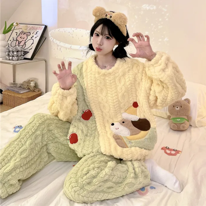 Nouveauté automne-hiver pyjama jeune fille maille épis de blé velours 280 g col rond adorables dessins animés ensemble de pyjama chaud · Grossiste · OEM · Mondial - Detail 10