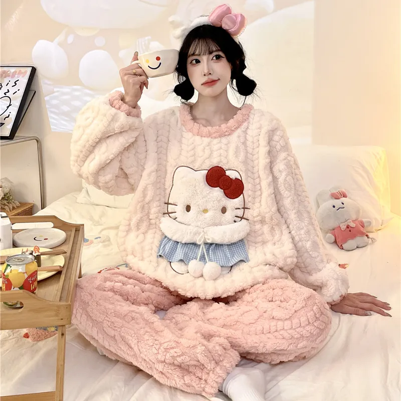 Nouveauté automne-hiver pyjama jeune fille maille épis de blé velours 280 g col rond adorables dessins animés ensemble de pyjama chaud · Grossiste · OEM · Mondial - View 4